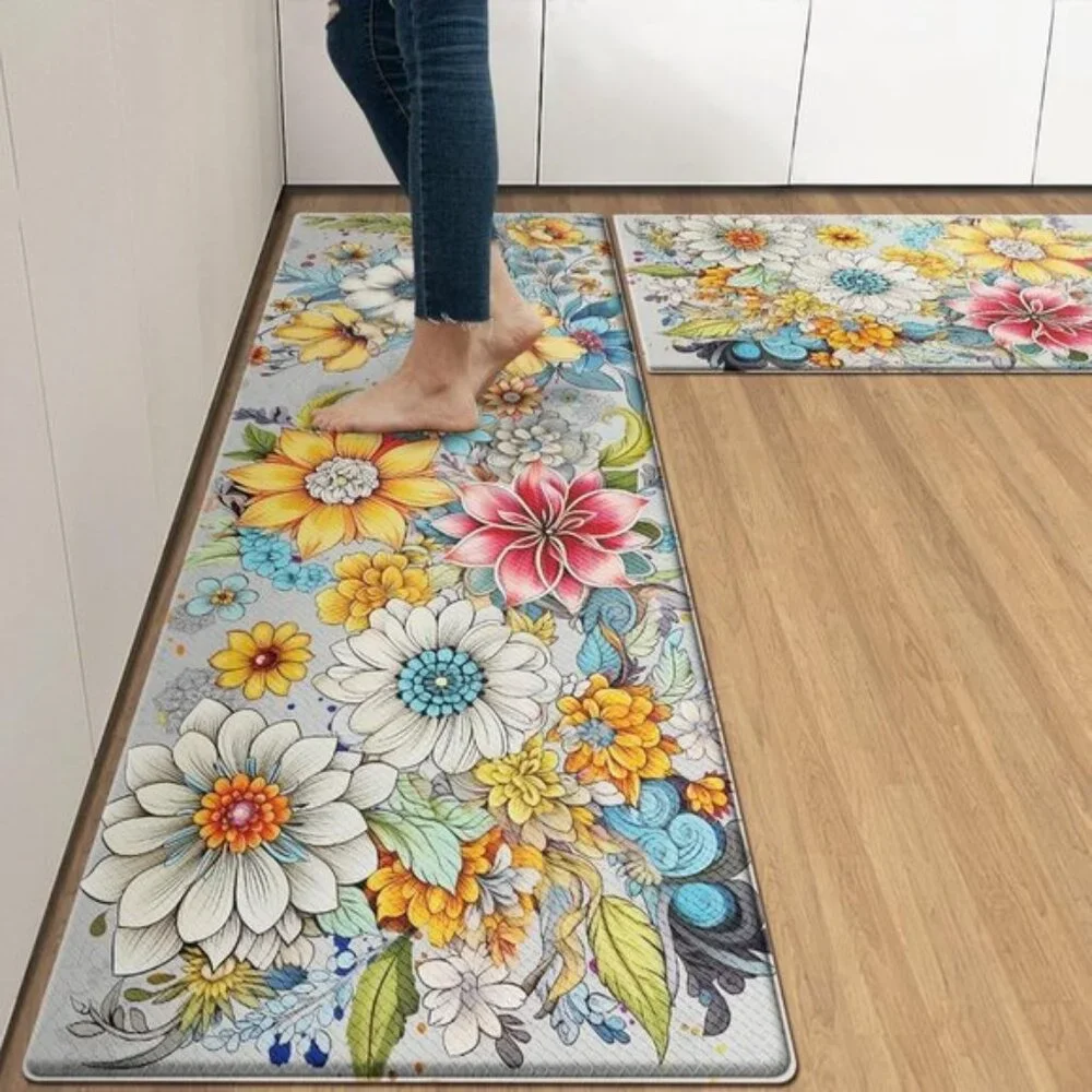 New Kitchen Rug Set of 2 – Colorful Floral Mandala Cushioned Non-Slip Floor Mats